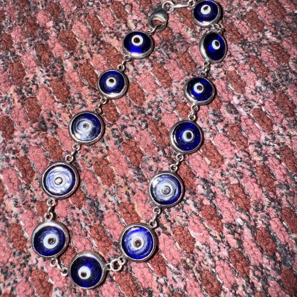 Vintage Sterling Silver Glass Blue Evil Eye Bracelet, Marked MWS